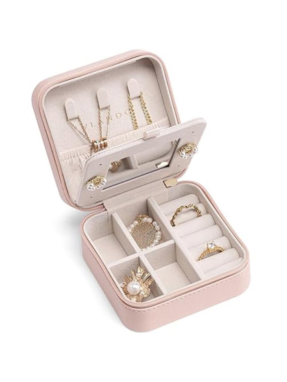 Pink Travel Jewelry Box Organizer Mirror Small Case Rings Earrings Necklace